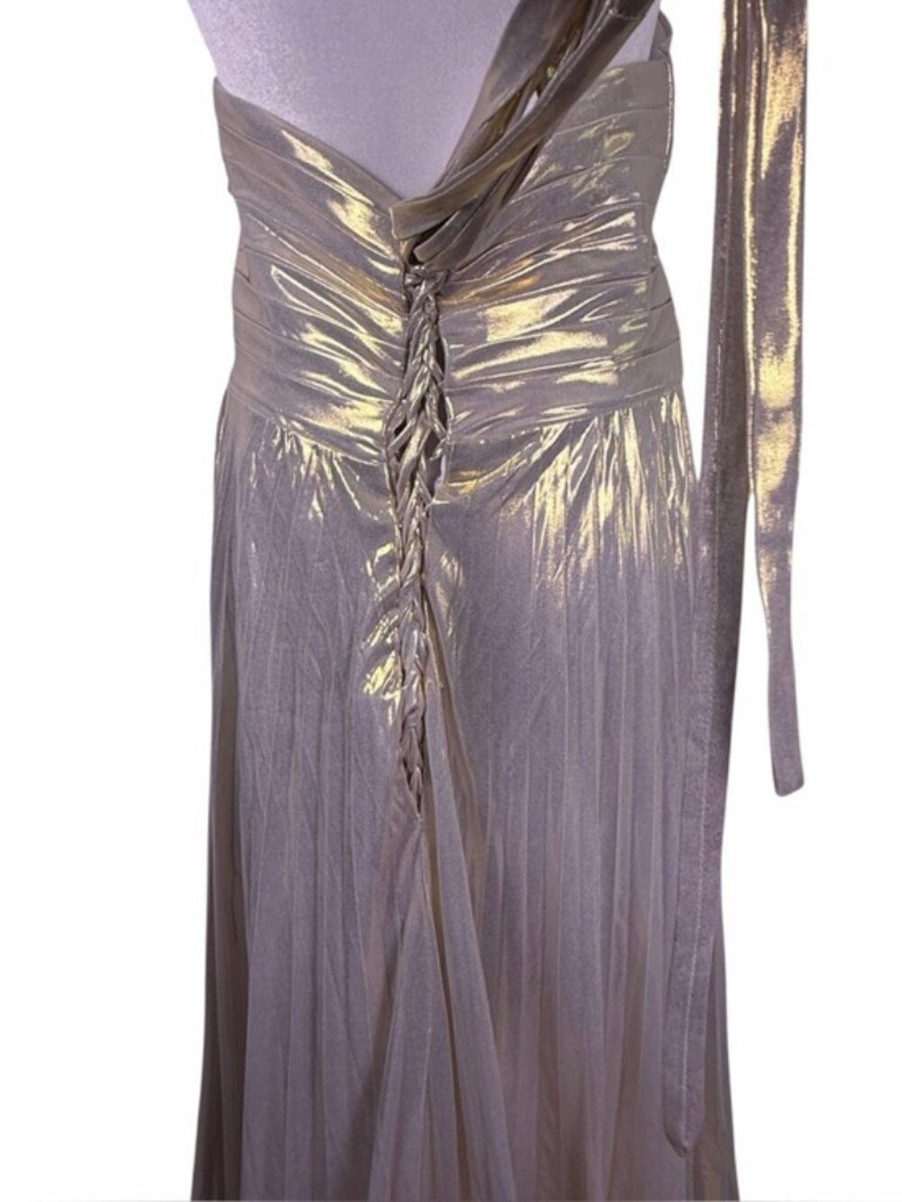 Metallic Champagne Gold Strapless Corset Formal Gown High Slit Size 14 - Picture 6 of 10
